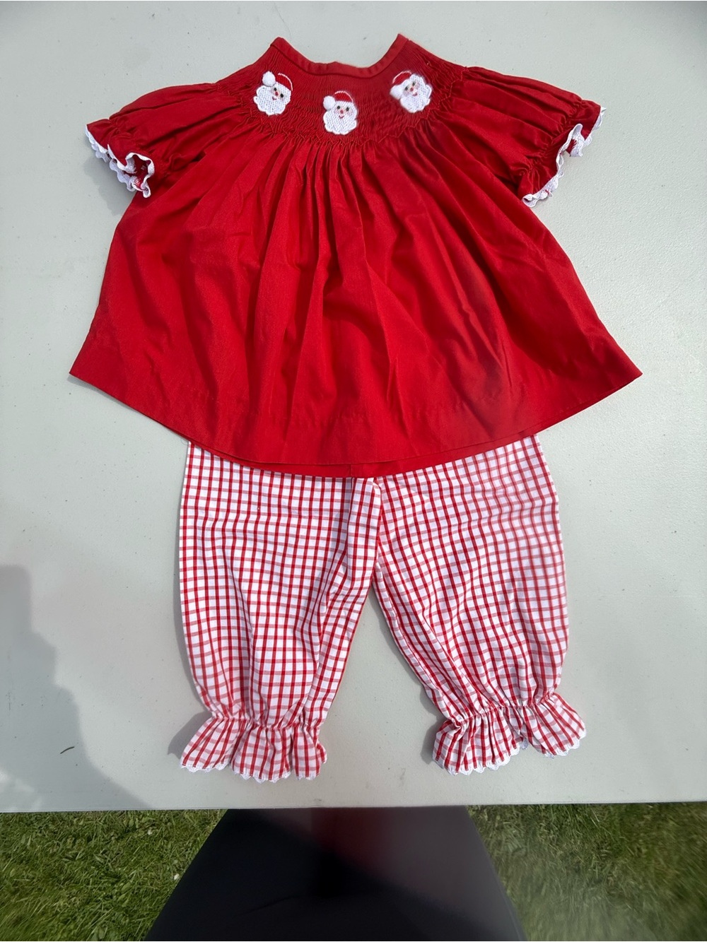 Red Smocked Top with Santas & Red Gingham Pants